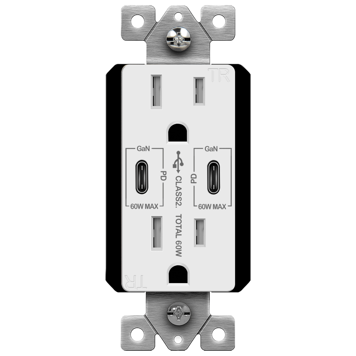 Dual USB-C Outlet, 60W Power Delivery, Tamper-Resistant 15A Duplex Receptacles