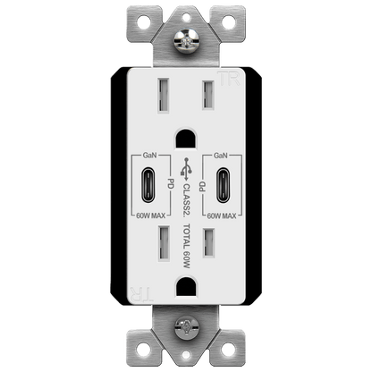 Dual USB-C Outlet, 60W Power Delivery, Tamper-Resistant 15A Duplex Receptacles
