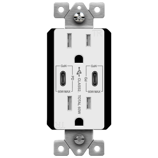 Dual USB-C Outlet, 60W Power Delivery, Tamper-Resistant 15A Duplex Receptacles