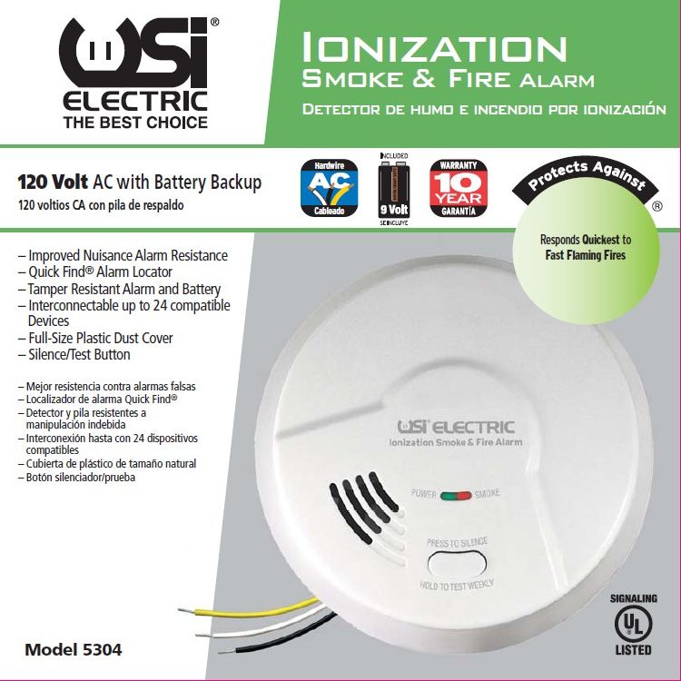 USI Electric 5304 Hardwired Ionization Smoke and Fire Alarm with Battery Backup