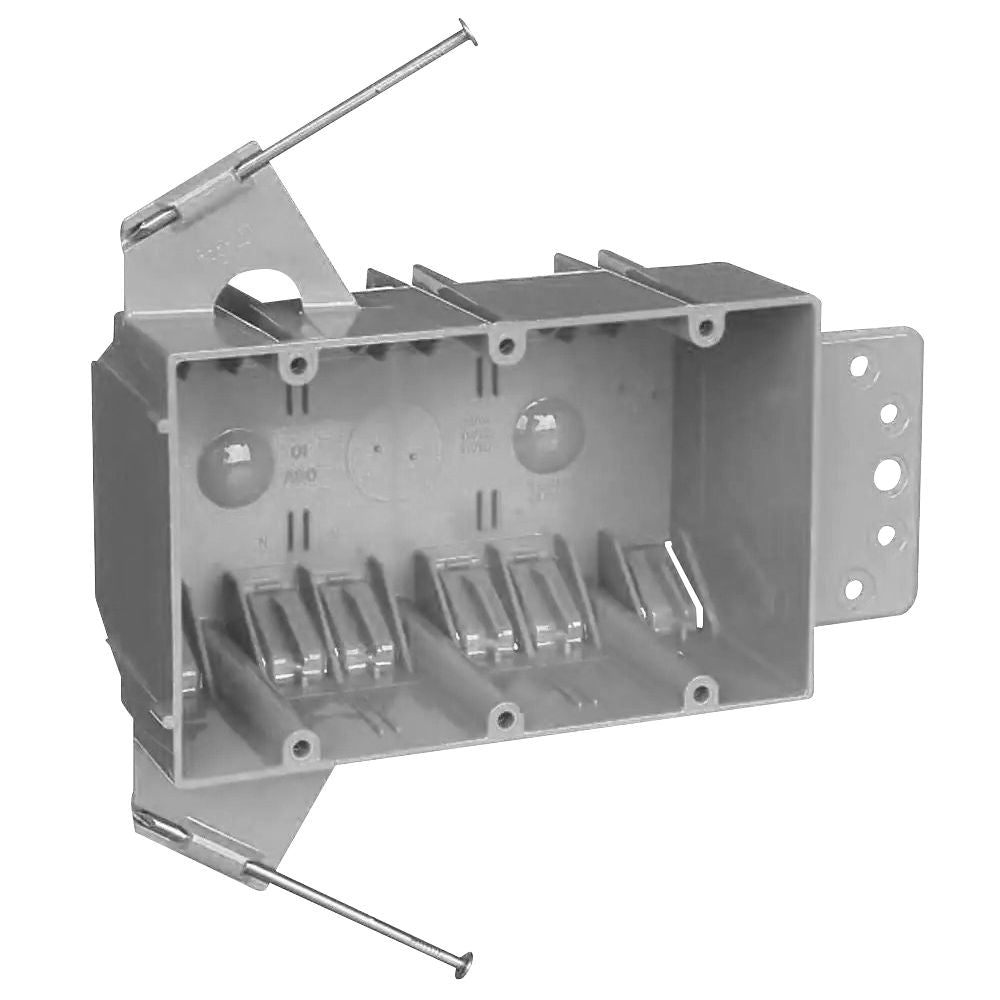 AMMO THREE-GANG PVC NEW WORK BOX WITH CAPTIVE NAILS AND BRACKET SUPPORT 2 11/16? D x 3 3/4? W x 5 5/8? L – GRAY