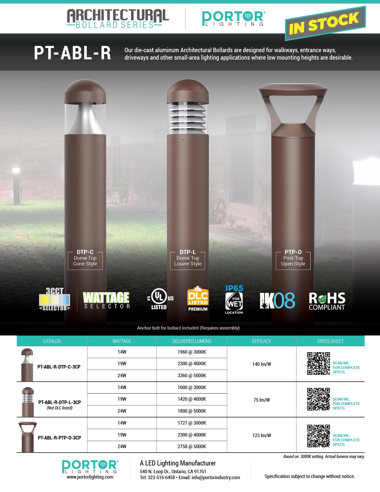 PORTOR LIGHTING Architectural Round Dome-top Louvre Style Bollard with CCT and Wattage Selector