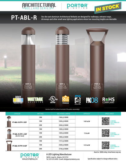 PORTOR LIGHTING Architectural Round Dome-top Louvre Style Bollard with CCT and Wattage Selector