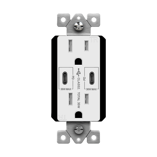 Dual USB-C Outlet, 36W Power Delivery, Tamper-Resistant 15A Duplex Receptacles