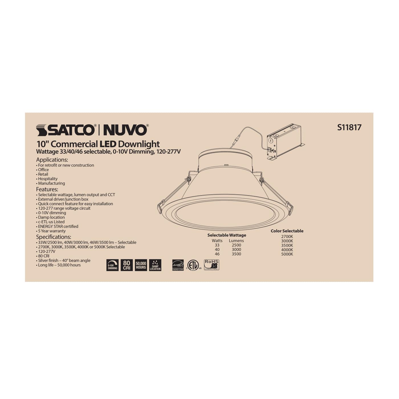 Satco S11817 10" LED Commercial Downlight 33-46W | CCT Selectable | 0-10V Dimmable