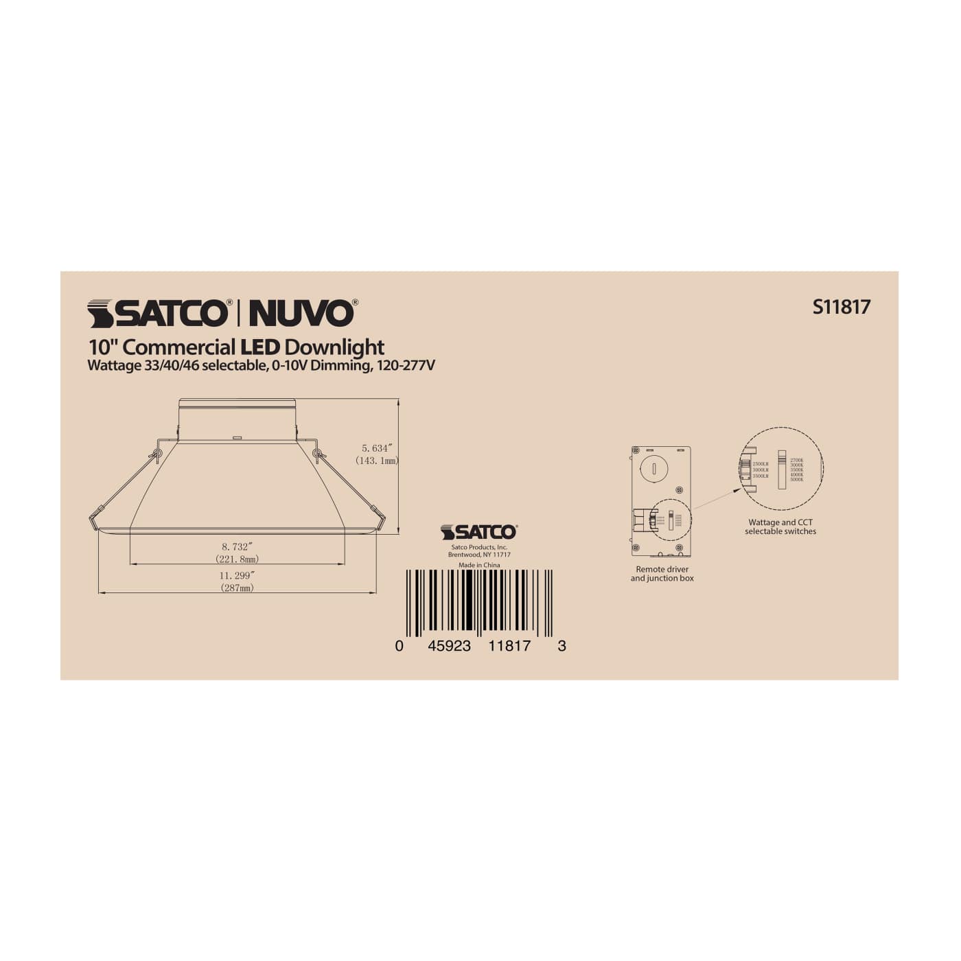 Satco S11817 10" LED Commercial Downlight 33-46W | CCT Selectable | 0-10V Dimmable