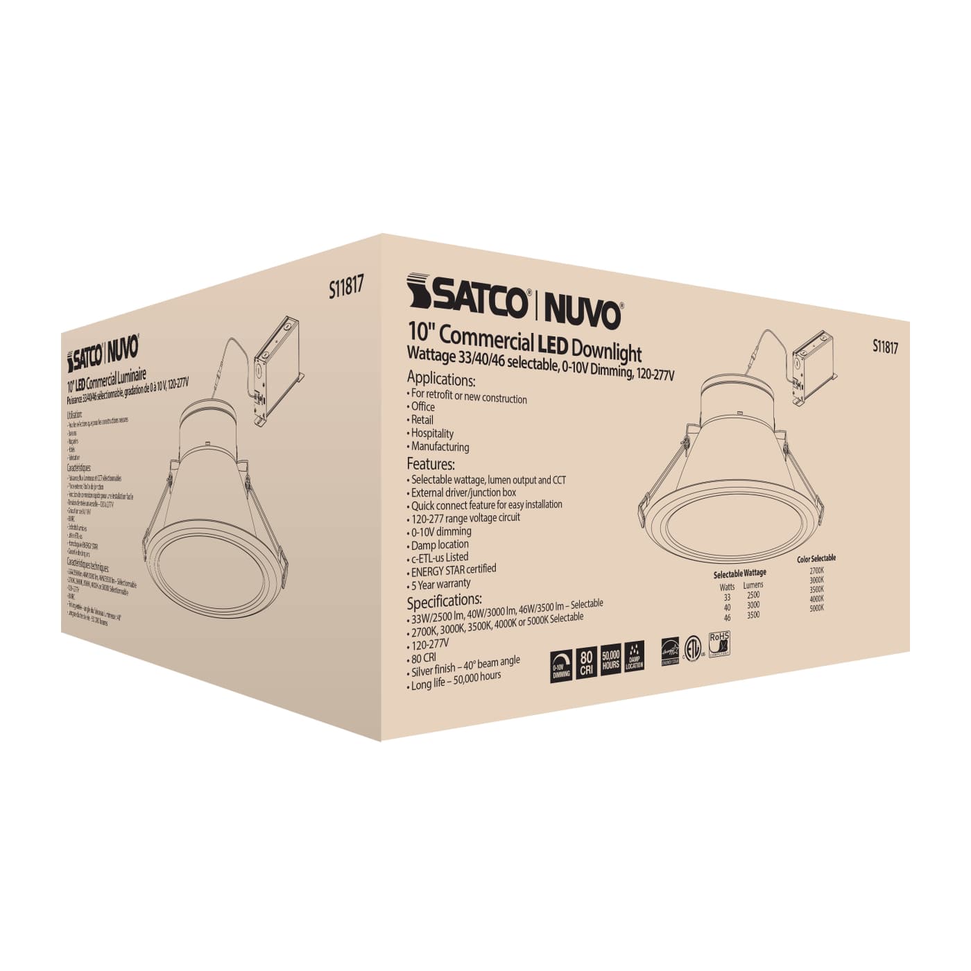 Satco S11817 10" LED Commercial Downlight 33-46W | CCT Selectable | 0-10V Dimmable